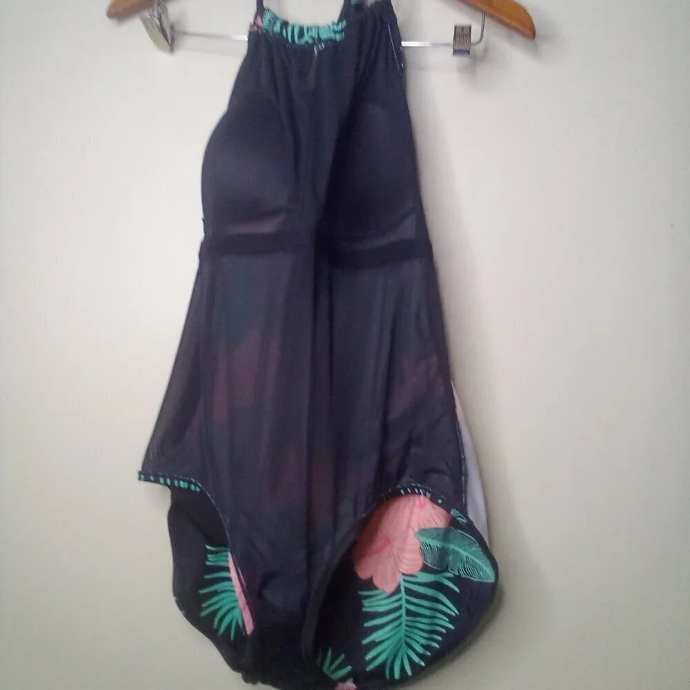 Crane Swimsuit Women XL One Piece Halter Floral Tropical Black Green Pink